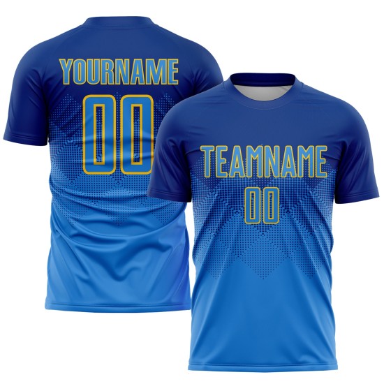 Uniforme de fútbol personalizado por sublimación, camiseta azul real y dorada.