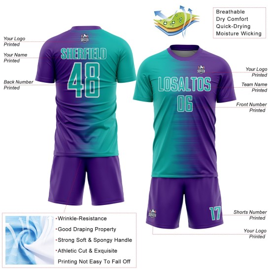 Camiseta de fútbol morada personalizada con degradado de línea blanca aguamarina y sublimación