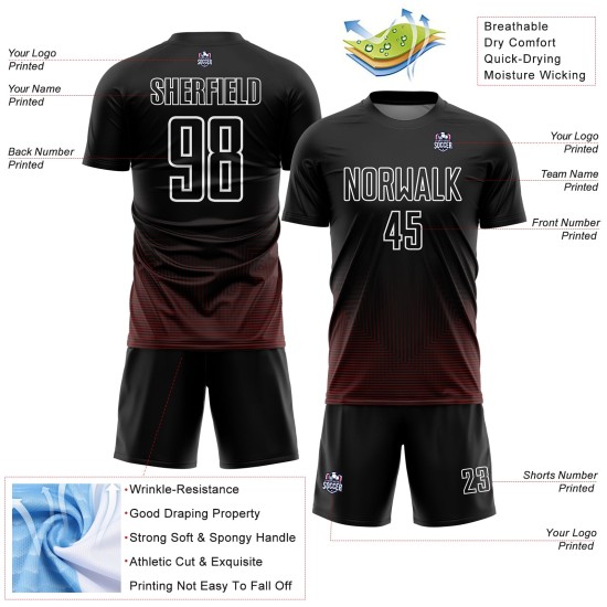 Camiseta de fútbol geométrica personalizada, líneas uniforme, sublimación negra, rojo y blanco