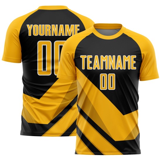 Uniforme de fútbol de sublimación con formas de flecha, camiseta dorada personalizada, negro y blanco