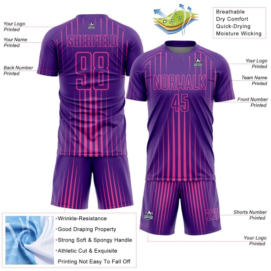 Camiseta personalizada de sublimación con líneas de uniforme de fútbol morado y rosa