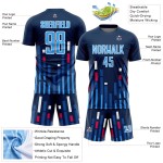 Camiseta personalizada de EE. UU., uniforme azul marino y blanco, líneas de sublimación azul cielo, fútbol