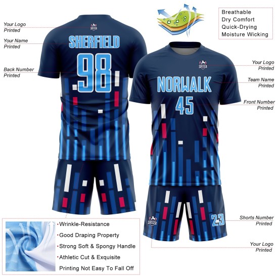 Camiseta personalizada de EE. UU., uniforme azul marino y blanco, líneas de sublimación azul cielo, fútbol