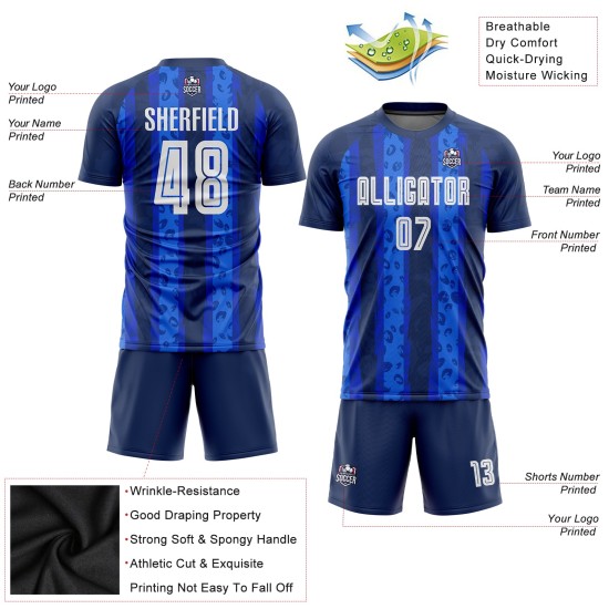 Camiseta de fútbol de visitante blanca-real (sublimación, uniforme azul marino) personalizada