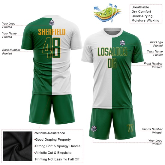 Uniforme de sublimación, camiseta blanca de fútbol dividida, personalizada, moda Kelly verde-dorado