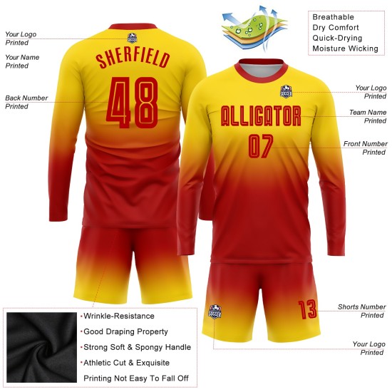 Camiseta larga roja desteñida personalizada, dorada, de sublimación, manga de uniforme de fútbol