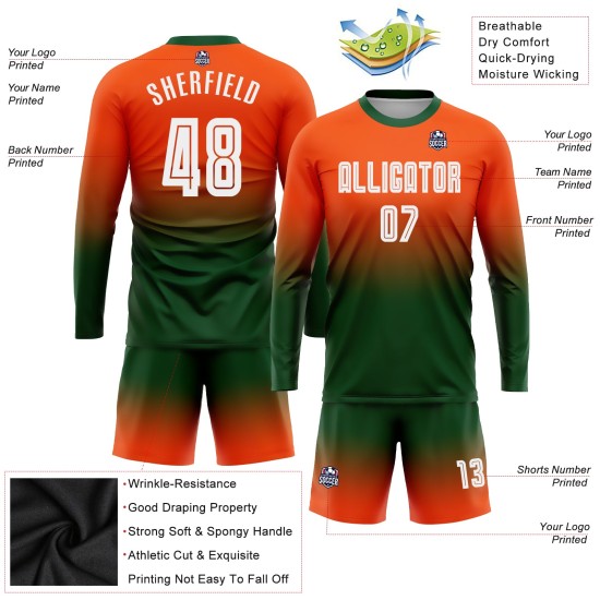 Camiseta de fútbol naranja con mangas personalizadas, uniforme de sublimación, decoloración, moda, larga, blanco y verde