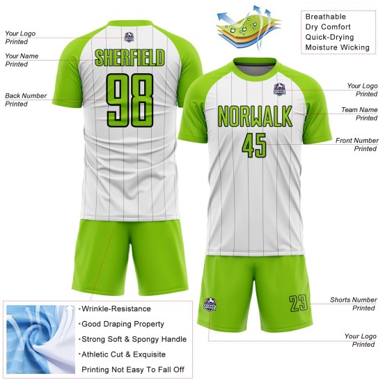 Camiseta de fútbol de sublimación de rayas verde-negra, personalizada, blanca y neón