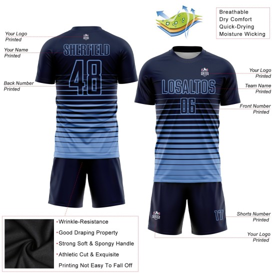 Camiseta de fútbol de rayas azul claro personalizada con degradado por sublimación, uniforme azul marino de moda