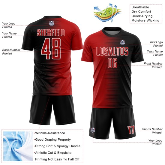 Camiseta de fútbol personalizada con degradado de línea, uniforme de sublimación negro, rojo y blanco