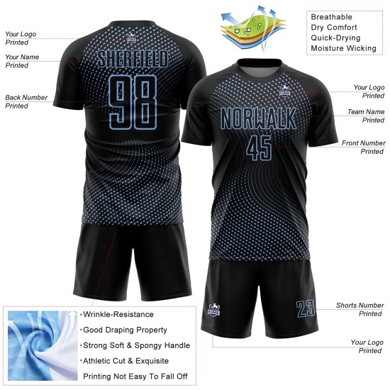 Uniforme de fútbol con líneas de sublimación geométricas, camiseta negra personalizada, azul claro