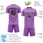 Camiseta de fútbol personalizada de sublimación geométrica morada, tamaño mediano, con formas negras y moradas