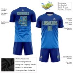 Uniforme de fútbol personalizado por sublimación, camiseta azul real y dorada.