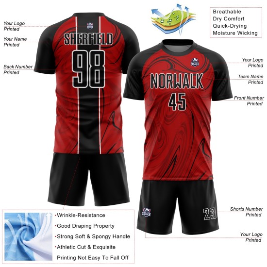 Camiseta de fútbol roja fluida abstracta, negra y blanca, uniforme de sublimación personalizado