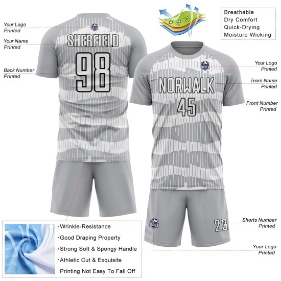 Camiseta de fútbol personalizada de sublimación, color blanco y negro, con rayas grises