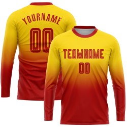 Camiseta larga roja desteñida personalizada, dorada, de sublimación, manga de uniforme de fútbol